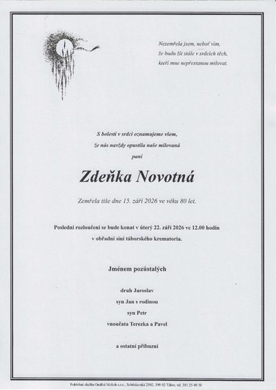 Smuteční oznámení – Zdeňka Novotná