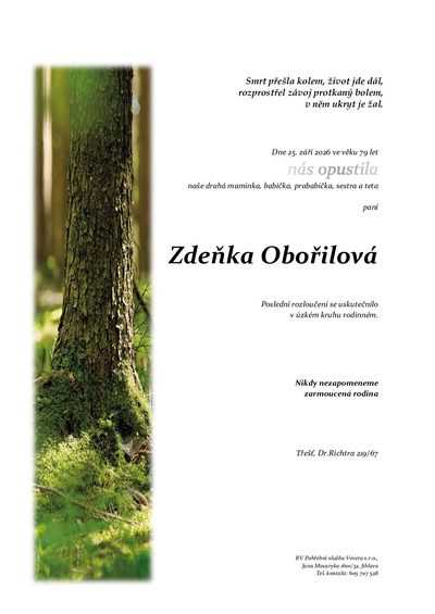 Smuteční oznámení – Zdeňka Obořilová