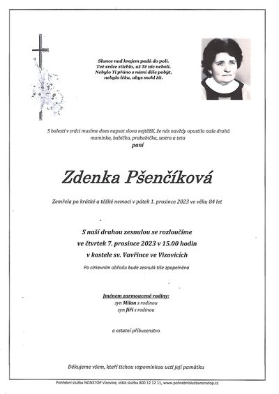 Smuteční oznámení – Zdenka Pšenčíková