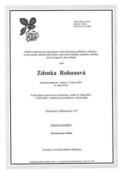 Smuteční oznámení – Zdenka Rohanová