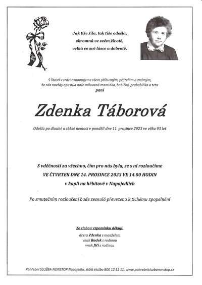 Smuteční oznámení – Zdenka Táborová