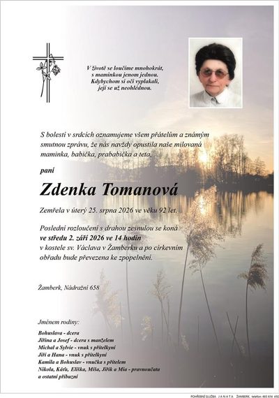 Smuteční oznámení – Zdenka Tomanová