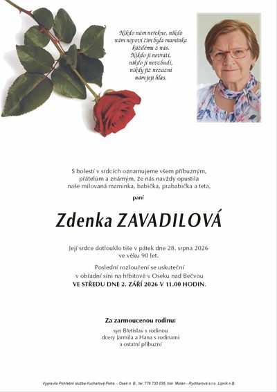 Smuteční oznámení – Zdenka Zavadilová