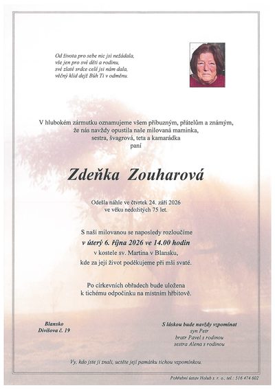 Smuteční oznámení – Zdeňka Zouharová