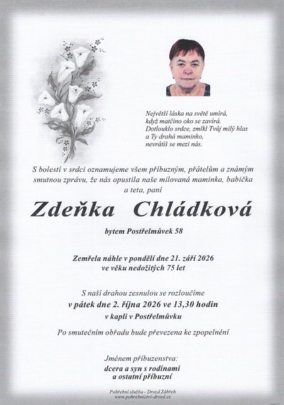 Smuteční oznámení – Zderka Chládková