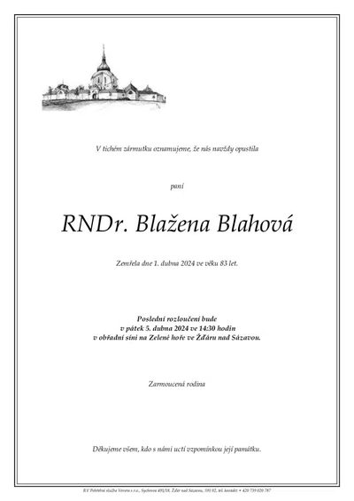 Smuteční oznámení – RNDr. Zelena Blazena