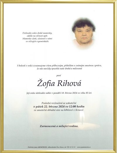 Smuteční oznámení – Žofia Rihová