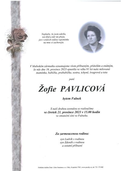 Smuteční oznámení – Žofie Pavlicová