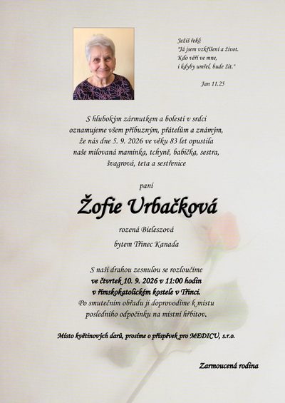 Smuteční oznámení – Žofie Urbačková