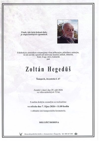 Smuteční oznámení – Zoltán Hegedüš